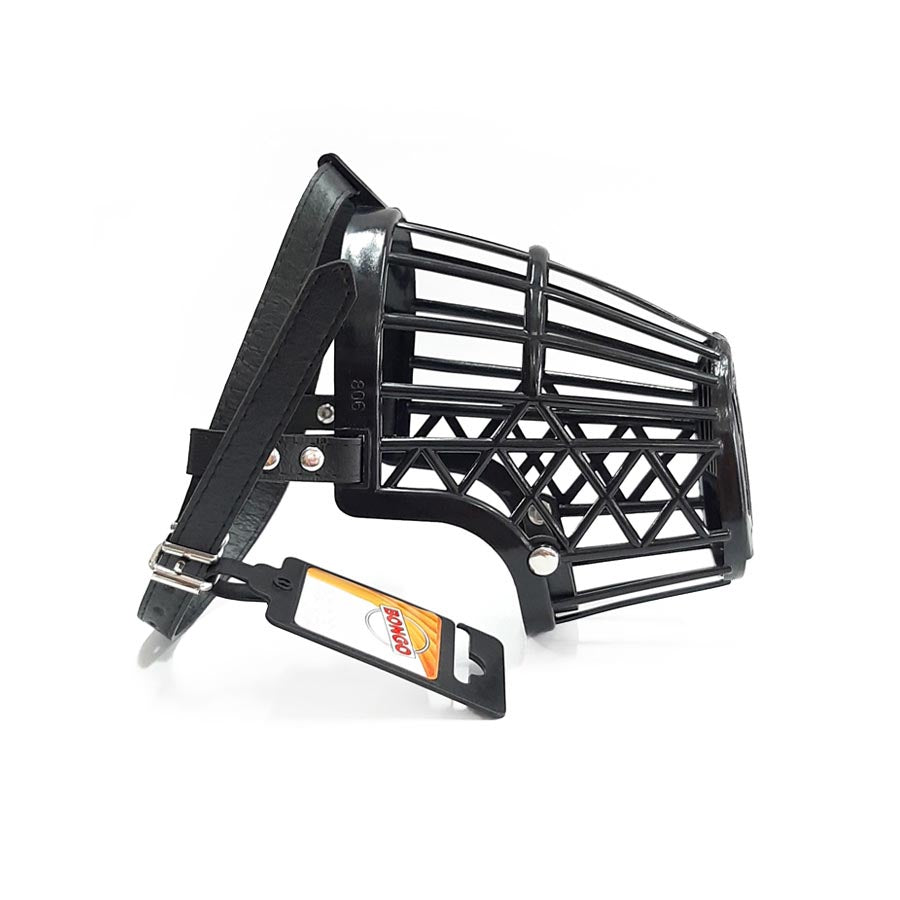 BOZAL TIPO CANASTILLA DE PLASTICO Y CUERO NEGRO