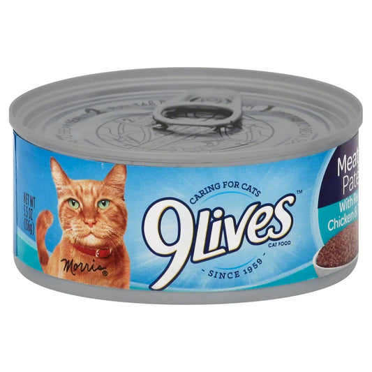 LATAS PARA GATO 9 LIVES 5.5onz. COMIDA TIPO PATE DE POLLO CON ATÚN