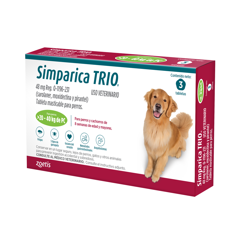 Simparica Trio Green de 48mg 20-40 kg 3 Tabletas